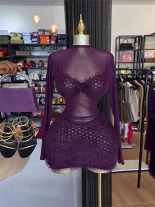 Purple sheer mesh long sleeve mini dress detail, fluffy feather trim party wear outfit