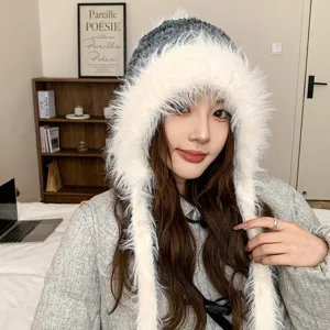 Gorro de invierno peludo y calido con orejeras estilo coreano para mujer elegante