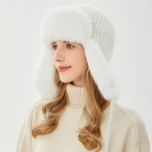 Chapeau de Trappeur Hiver pour Femme en Poil de Lapin Tricoté Protection des Oreilles Chaud Coupe-vent