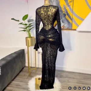 Sexy black mesh floral flocked long sleeve ruched maxi dress with inner lining for women.