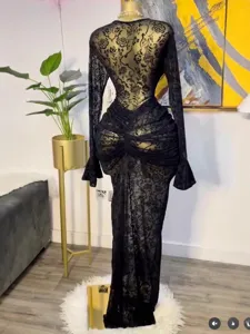 Autumn European women's sexy mesh floral flocking ruched long sleeve dress with lining.