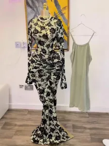 Sexy mesh floral flocked long sleeve ruched maxi dress with slip inner for women autumn.