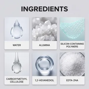 Infografica dettagliata degli ingredienti del prodotto con acqua, allumina e polimeri.