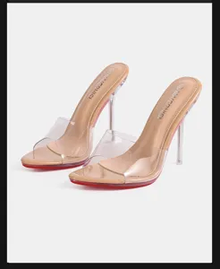 Transparent PVC clear high heel mules with nude cushioned insole and striking red outsole.