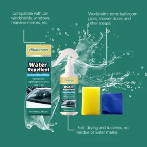 Detailansicht des Hikmarion Glas-Wasserabweiser-Sprühsets mit Schwamm und Tuch für klare Sicht.