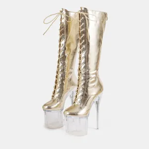 Gold metallic lace-up knee-high platform stiletto boots sexy pole dancing shoes for women