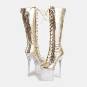 Metallic gold lace-up clear platform high heel knee high boots, product detail presentation.