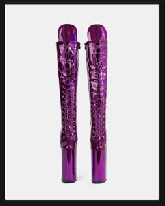 Glossy metallic purple thigh high lace up platform boots detail view, sexy high heels.
