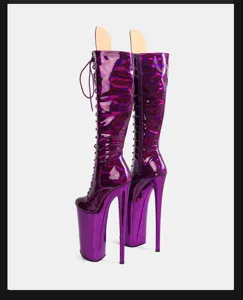 Purple patent leather platform stiletto high boots lace up extreme high heel detail shot.