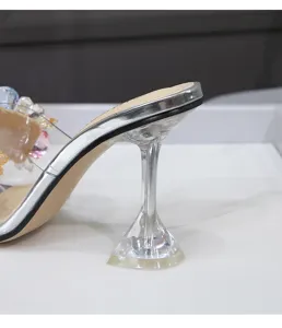 Sandales a talons hauts transparentes en strass cristal ete mode sexy talons fins mules