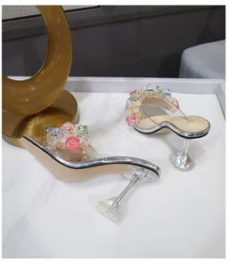 Sandales talons hauts transparents femme, mules de soirée ornées de strass brillants.