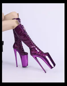Purple patent leather lace up platform ultra high heel knee high boots for stage runway model show.