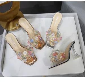 Talons hauts cristaux transparents femmes luxe strass mules été fête sandales stiletto