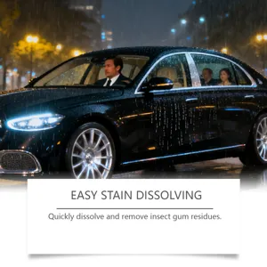 Detail view of luxury car in rain illustrating effective bug and tar removal cleaner performance.