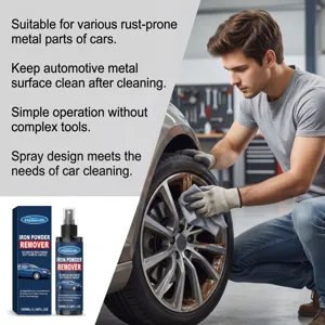 Vista dettagliata dello spray rimuovi polvere di ferro per auto in garage per pulire i cerchi.