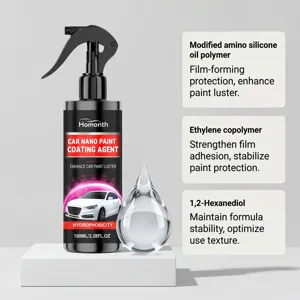 Vista detallada del revestimiento nano para coches con ingredientes en fondo de estudio.