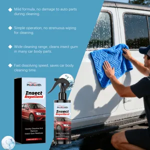 HOMONTH car insect repellent cleaner detail showing 100ml spray bottle and easy cleaning use.