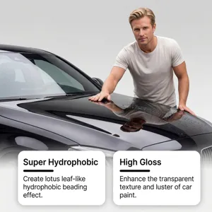 Car ceramic coating detail view showing super hydrophobic effect and high gloss paint protection.