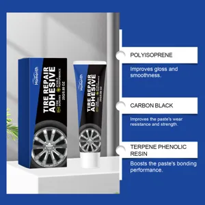 Tire repair adhesive detail showing key ingredients like polyisoprene and carbon black for strength.