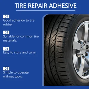 Tire repair adhesive detail graphic showing key features, adhesive performance and tire use.