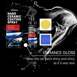 Gedetailleerd overzicht van de nanokeramische coatingspray set met doos, spons en microvezeldoek.