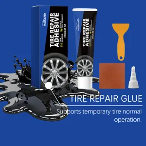Details of HOMONTH tire repair adhesive kit with glue tube, scraper and patch for quick car care.