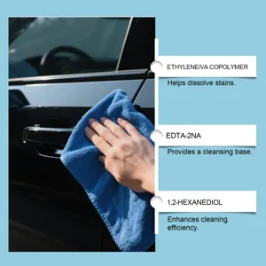 Détail de nettoyant de taches d'eau de voiture avec ingrédients de formule et chiffon doux.