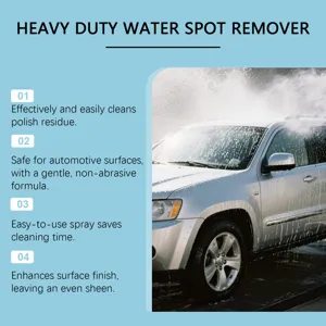 Vue détaillée du spray éliminateur de taches d'eau de voiture pour un nettoyage pro.
