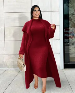 Women winter burgundy fuzzy cardigan knit dress two piece set elegant fashion outfit