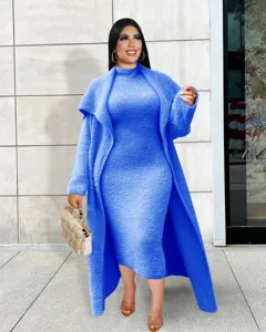 Blue fuzzy cardigan and dress two-piece set, elegant long outerwear and bodycon dress.
