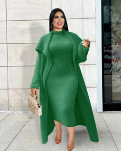 Women fuzzy long cardigan dress two piece set, elegant green autumn winter fashion outfit.