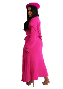 Hot pink fuzzy long cardigan coat and matching beret set, perfect for autumn and winter wear.