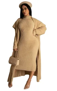 Detailed view of the elegant beige fuzzy knit long cardigan and midi dress two-piece set.