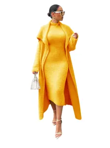 Women autumn winter yellow fuzzy knit long cardigan and dress two piece set fashion