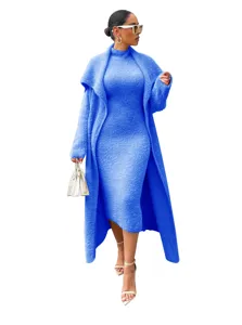 Detailed view of the royal blue fuzzy knit cardigan and maxi dress set, soft winter outfit.