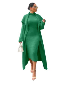 Elegant green knitted dress and long cardigan two-piece set, perfect for autumn and winter fashion.