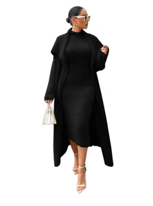 Close-up detail showcasing the elegant black cardigan and dress set texture and fit design.