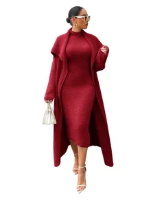 Detail of soft fuzzy knit dress and long cardigan set highlighting texture and design.