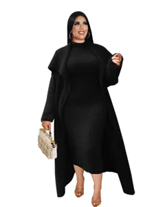 Women Fall Winter Fuzzy Cardigan Long Dress Two Piece Set Elegant Black Outfit Apparel