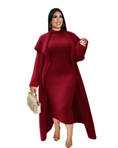 Women autumn winter wine red fuzzy knit dress long cardigan two piece set elegant outfit