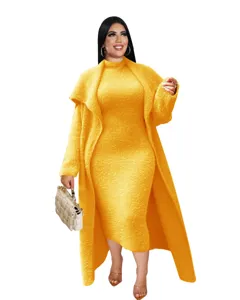 European and American autumn winter fuzzy cardigan dress two piece set fashion long sweater