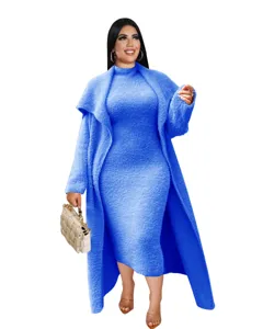 Royal blue fuzzy two-piece cardigan dress set detail featuring soft plush fabric texture.