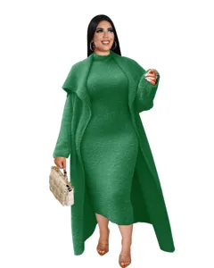 Women Autumn Winter Fuzzy Long Cardigan and Dress Two Piece Set Green Fashion Outfit