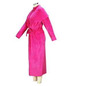 Fuchsia plush long cardigan and dress set detail, soft fabric texture view for women.