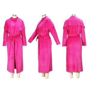 Magenta velvet two piece dress and coat set, long sleeve belted winter outfit.
