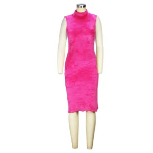 Pink fuzzy sleeveless mock neck dress detail showing soft plush texture and slim fit design.