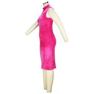Hot pink sleeveless high neck faux fur dress side view elegant women fashion outfit.