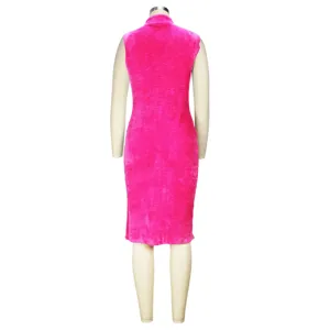 Pink fuzzy fleece sleeveless dress back detail, soft texture and elegant winter style design.