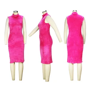 Women bright pink fuzzy sleeveless turtleneck midi dress elegant winter fashion apparel