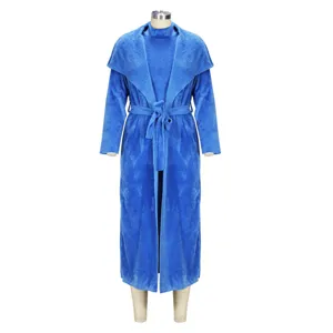Details of blue fleece cardigan coat two-piece set, soft plush texture and wrap belt design.